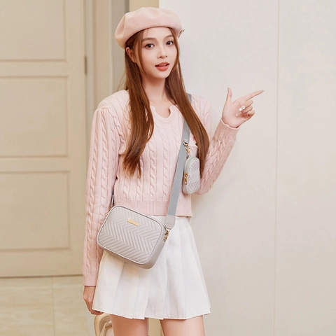 Women Chevron Quilted Camera Bag With Mini Pouch PU Leather Crossbody Bag Small Embroidered Shoulder Bag Fashion Messenger Bag
