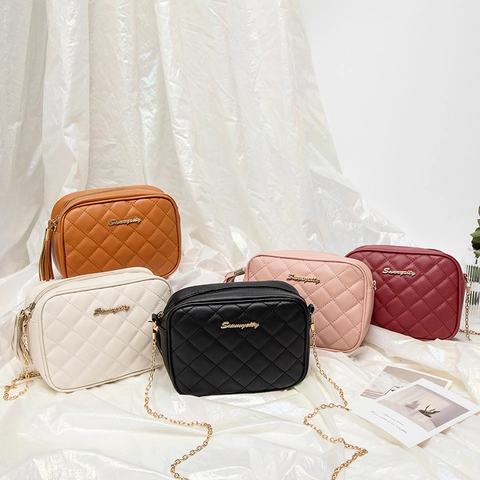 Bolso Bandolera Acolchado Mujer Cuero PU Patrón Romboidal Bolso De Hombro Con Borla Correa Cadena Dorada Elegante