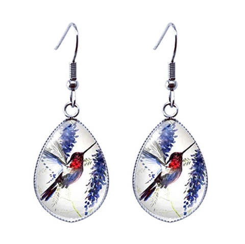 Vintage Teardrop Glass Cabochon Earrings With Hummingbird Flower Art Illustration Alloy Ear Hooks For Women Jewelry Gift
