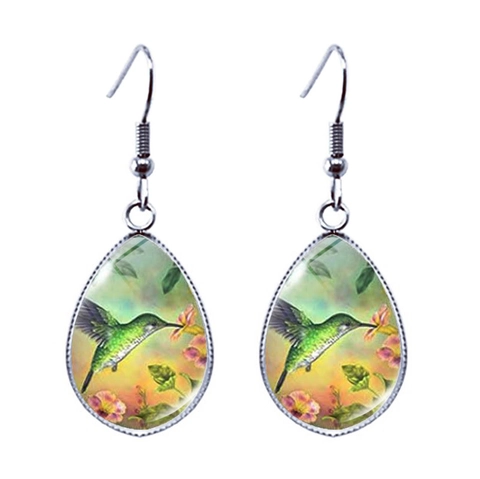 Vintage Teardrop Glass Cabochon Earrings With Hummingbird Flower Art Illustration Alloy Ear Hooks For Women Jewelry Gift