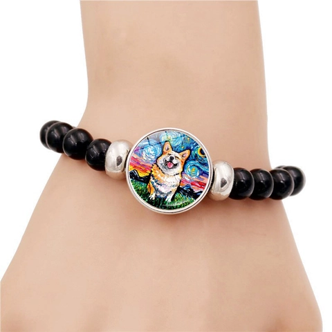 Van Gogh Sterrennacht Artistieke Kralen Armband Unisex Hars Glas Kralen Corgi Hond Huisdier Olieverfschilderij Elastische Charm Armband Sieraden