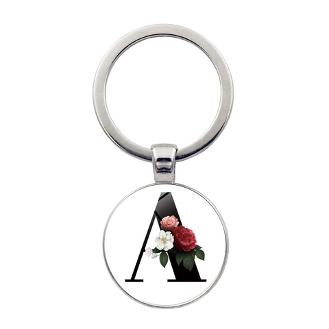 Llavero Alfabeto Floral Cabujón de Vidrio Color Plata Colgante de Aleación de Zinc para Mujeres Niñas Regalo de Joyería Personalizado
