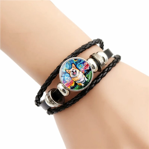 Vintage Meerlaags Gevlochten Leren Armband Van Gogh Sterrennacht Hond Kunst Glas Cabochon Charm Verstelbare Wikkelarmband Voor Heren Dames Sieraden