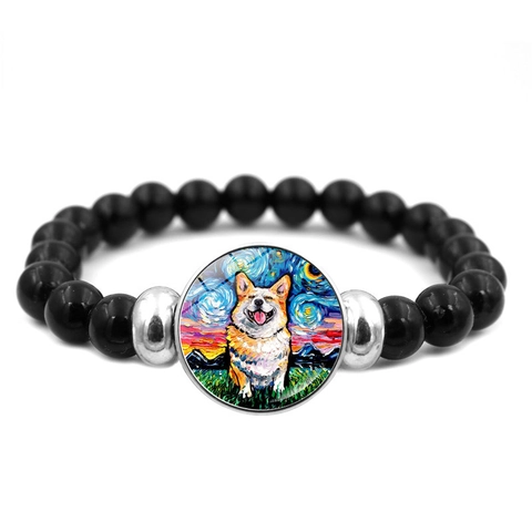 Van Gogh Sterrennacht Artistieke Kralen Armband Unisex Hars Glas Kralen Corgi Hond Huisdier Olieverfschilderij Elastische Charm Armband Sieraden