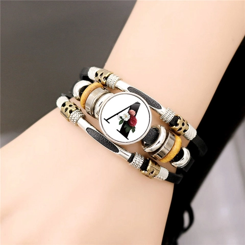 Pulsera De Cuero Tejido Multicapa Aleación Madera Vidrio Letra Inicial Flor Botón De Presión Joyería Punk Vintage