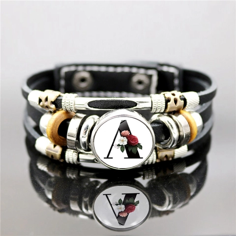 Pulsera De Cuero Tejido Multicapa Aleación Madera Vidrio Letra Inicial Flor Botón De Presión Joyería Punk Vintage