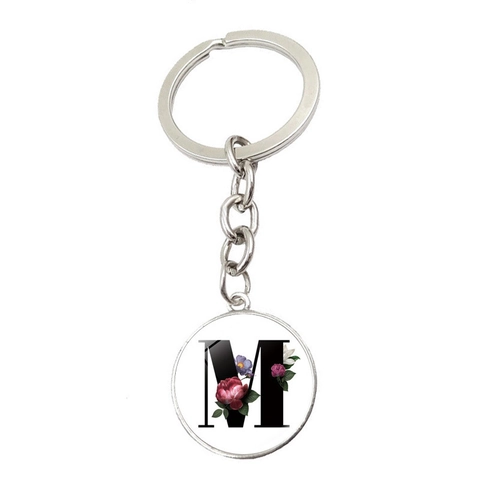 Initialen Buchstabe Blume Schlüsselanhänger Silber Metall Zinklegierung Glas Cabochon Anhänger Schlüsselring Für Damen Mädchen Alphabet Schmuck Geschenk