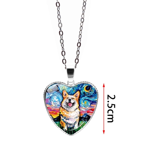 Vintage Starry Night Style Dog Art Heart Pendant Necklace Alloy Silver Plated Chain Jewelry Gift For Women Pet Lovers