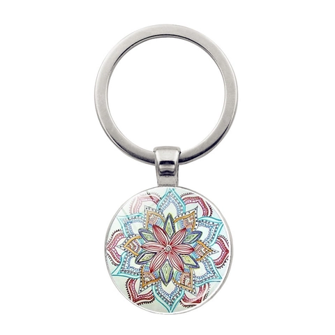 Vintage Mandala Flower Keychain Zinc Alloy Glass Cabochon Pendant Bohemian Geometric Pattern Key Ring For Women Men Fashion Jewelry Gift