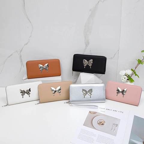 Portefeuille Long à Fermeture Éclair pour Femmes Mode Décor de Papillon Multi-emplacements Pochette en Cuir Synthétique