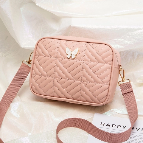 Women Quilted PU Leather Crossbody Bag With Butterfly Metal Decor Adjustable Wide Fabric Strap Casual Camera Bag