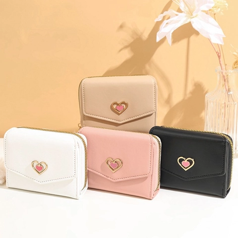 Fashionable Women Short PU Leather Wallet Card Holder Coin Purse With Heart Metal Buckle And Pompom Zip Folding Clutch