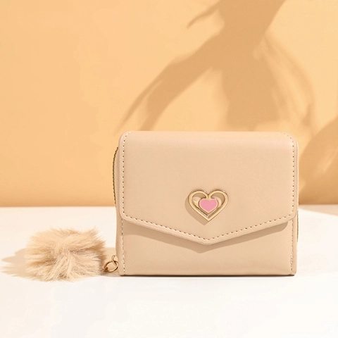 Fashionable Women Short PU Leather Wallet Card Holder Coin Purse With Heart Metal Buckle And Pompom Zip Folding Clutch