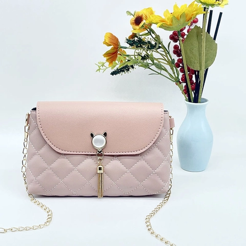 Borsa A Tracolla Da Donna In Pelle PU Trapuntata Piccola Borsa A Spalla Quadrata Con Nappa Di Perla Artificial Di Gatto Catena Oro