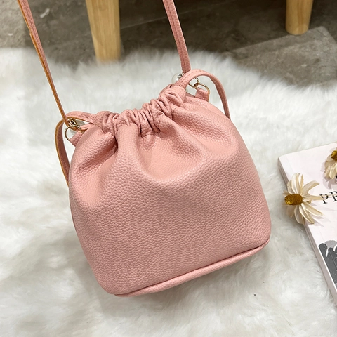Fashion Women Bucket Bag PU Leather Litchi Texture Artificial Pearl Handle Drawstring Shoulder Crossbody Handbag
