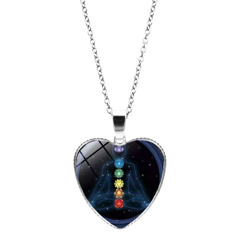 Heart Pendant Necklace Alloy Glass Chakra Meditation Yoga Spiritual Tree Of Life Pattern Bohemian Vintage Style Jewelry