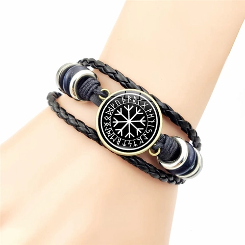 Vintage Wikinger Geflochtenes Lederarmband Nordische Runen Vegvisir Kompass Thors Hammer Lebensbaum Verstellbares Amulett Armreif Herren Schmuck
