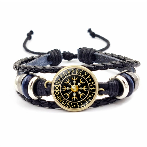 Vintage Wikinger Geflochtenes Lederarmband Nordische Runen Vegvisir Kompass Thors Hammer Lebensbaum Verstellbares Amulett Armreif Herren Schmuck