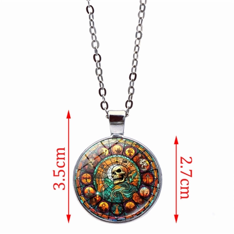 Halloween Zinc Alloy Glass Cabochon Pendant Necklace Gothic Skull Pumpkin Haunted Castle Art Jewelry Gift For Unisex