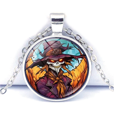 Halloween Zinc Alloy Glass Cabochon Pendant Necklace Gothic Skull Pumpkin Haunted Castle Art Jewelry Gift For Unisex