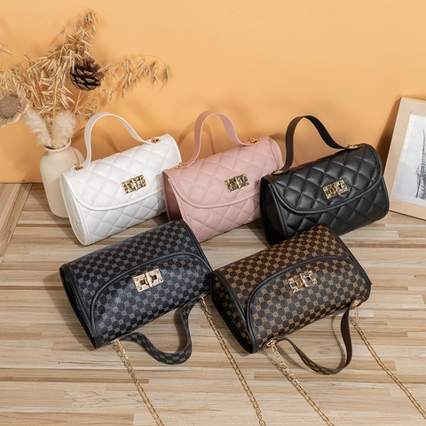Women Quilted Shoulder Bag PU Leather Monogram Print Small Square Crossbody Bag With Metal Chain Strap And Lock