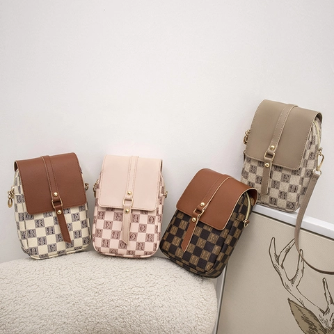 Women Fashion Plaid Mobile Phone Bag PU Leather Crossbody Small Square Bag With Adjustable Strap Letter Print Mini Shoulder Bag