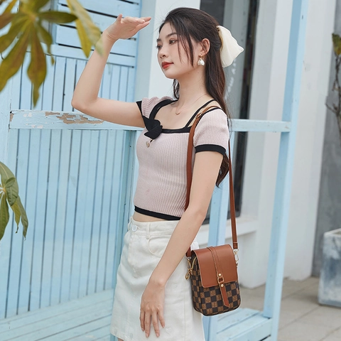 Women Fashion Plaid Mobile Phone Bag PU Leather Crossbody Small Square Bag With Adjustable Strap Letter Print Mini Shoulder Bag