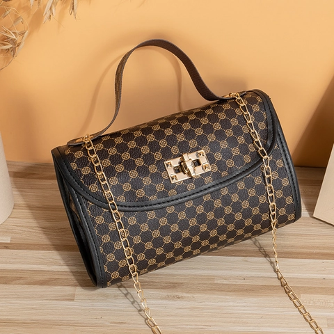 Women Quilted Shoulder Bag PU Leather Monogram Print Small Square Crossbody Bag With Metal Chain Strap And Lock
