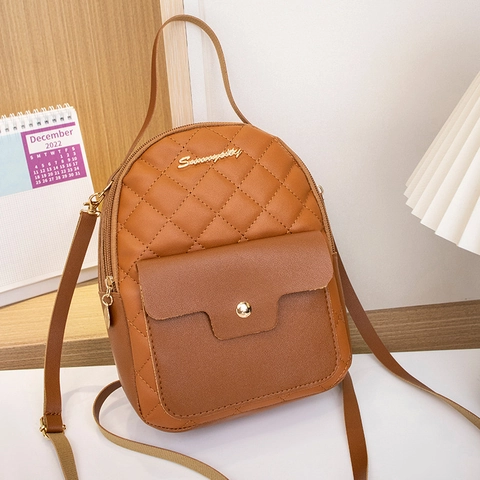 Mini Backpack Quilted PU Leather Multi-Way Crossbody Handbag With Gold Hardware For Women Urban Simple Style Diamond Pattern