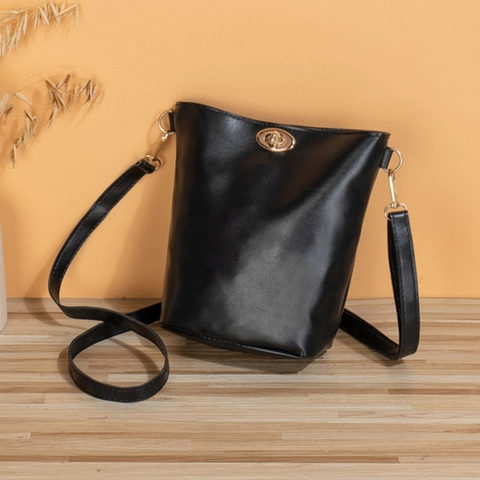 Minimalist PU Leather Crossbody Bag Women Fashion Water Bucket Shape Gold Turn Lock Adjustable Shoulder Strap Versatile