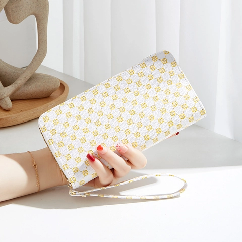 Portafoglio Lungo da Donna in Pelle PU con Motivo Geometrico a Trifoglio Chiusura a Zip Porta Carte con Cinturino da Polso per Uso Quotidiano