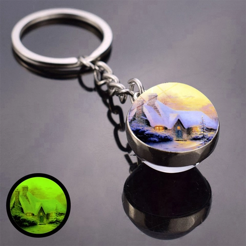 Luminous Christmas Snow Scene Glass Ball Keychain Glow In The Dark Zinc Alloy Double Sided Winter Cabin Reindeer Key Ring Gift