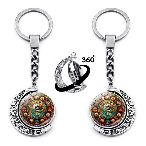 Porte-Clés Rotatif Halloween Alliage De Zinc Verre Pendentif Lune Double Face Gothique Effet Vitrail Citrouille Squelette Cadeau