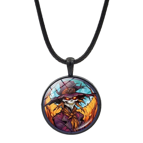 Gothic Halloween Skull Pumpkin Pendant Necklace Zinc Alloy Glass And Leather Rope Stained Glass Style Unisex Jewelry