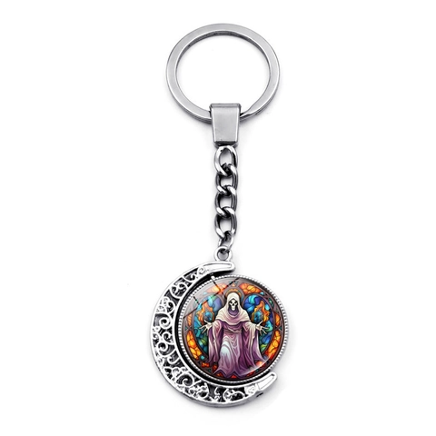 Porte-Clés Rotatif Halloween Alliage De Zinc Verre Pendentif Lune Double Face Gothique Effet Vitrail Citrouille Squelette Cadeau