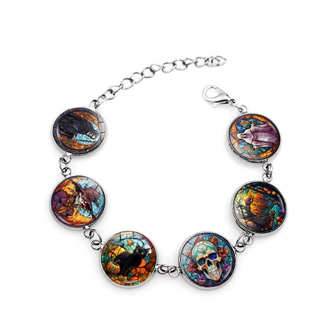 Bracciale Halloween Fantasma Castello Lega Vetro Cabochon Teschio Zucca Ciondoli Catena Regolabile Gioielli Gotici