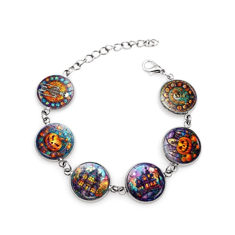 Bracciale Halloween Fantasma Castello Lega Vetro Cabochon Teschio Zucca Ciondoli Catena Regolabile Gioielli Gotici