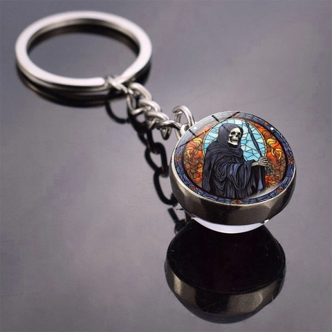 Porte-clés Gothique Halloween Alliage de Zinc Double Face Boule de Verre Crâne Citrouille Fantôme Château Pendentif Bijoux Cadeau