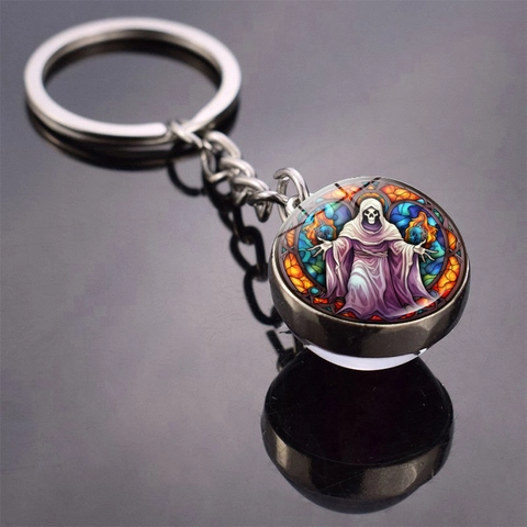 Porte-clés Gothique Halloween Alliage de Zinc Double Face Boule de Verre Crâne Citrouille Fantôme Château Pendentif Bijoux Cadeau
