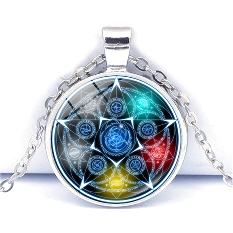 Mystical Pentagram Magic Circle Glass Cabochon Pendant Necklace For Men Women Zinc Alloy Mystical Wiccan Gothic Jewelry Gift