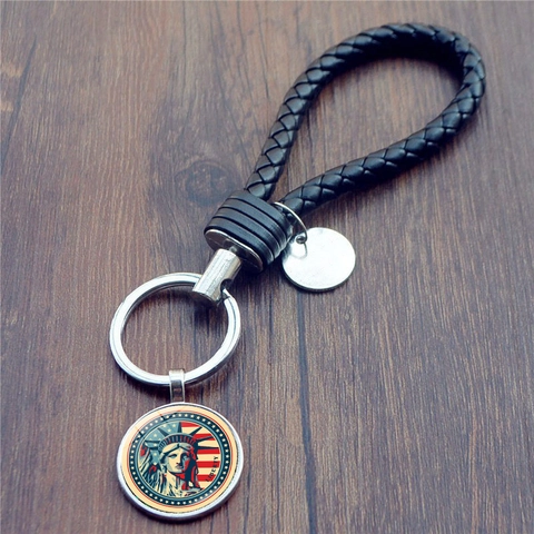 Porte-clés Vintage Statue De La Liberté Souvenir NYC Cordon En Cuir PU Tissé À La Main Pendentif En Verre Drapeau Américain