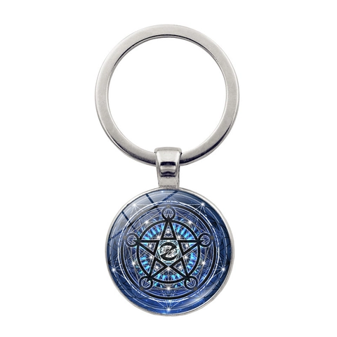 Porte-clés Pentagramme Mystique Cercle Magique Gemme du Temps Pendentif Rond en Alliage de Zinc Verre Symbole Wicca Alchimie Bijoux