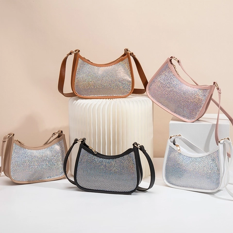 Women Fashion Rhinestone Underarm Bag Elegant PU Leather Sequin Hobo Shoulder Bag Shiny Evening Handbag For Daily Party