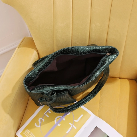 Fashion Women Crocodile Woven Pattern Tote Bag With Matching Pouch PVC Leather Large Capacity Shoulder Underarm Bag For Work Daily