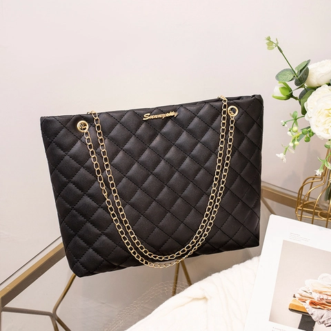 Damen Rauten Gesteppte PU Leder Tragetasche Mit Goldener Kette Große Kapazität Lässige Schulter Einkaufstasche Elegante Handtasche