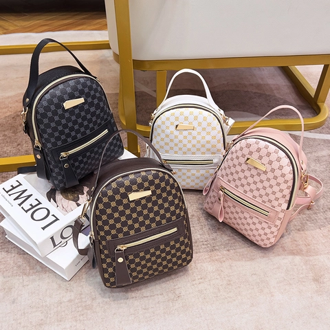 Mini Backpack Women PU Leather Geometric Monogram Print Retro Fashion Small Bookbag Urban Simple Style