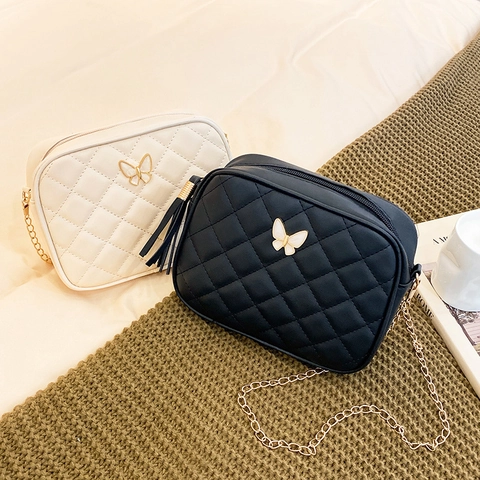 Damen PU Leder Umhängetasche Rautensteppung Schmetterlingsdekor Quaste Goldkette Kleine Quadratische Schultertasche