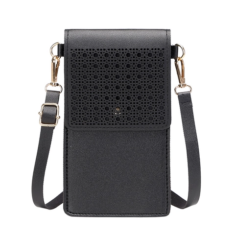 Borsa da Donna in Pelle PU per Cellulare Touch Screen Stile Minimalista Ajouré al Laser con Tracolla Regolabile e Hardware Dorato