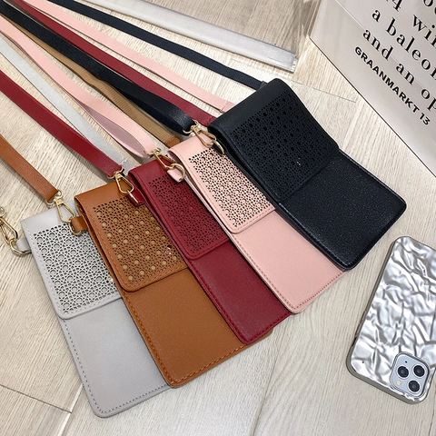 Borsa da Donna in Pelle PU per Cellulare Touch Screen Stile Minimalista Ajouré al Laser con Tracolla Regolabile e Hardware Dorato