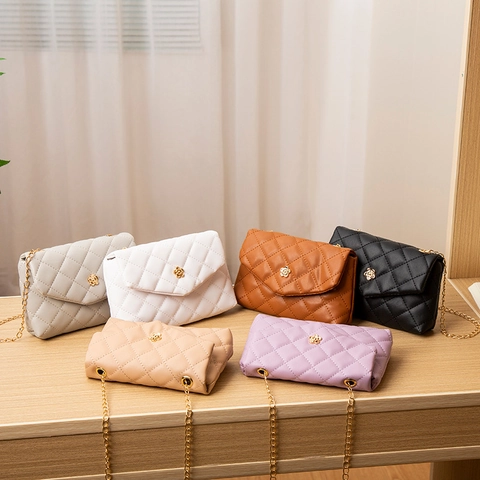 Fashion Women Quilted PU Leather Shoulder Bag With Gold Flower Latch Metal Chain Strap Small Square Crossbody Bag
